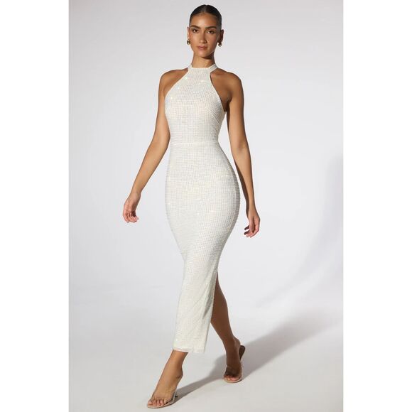 Oh Polly SARITA Embellished Halter Neck Low Back Evening Gown in Ivory | Size 8 - Picture 1 of 3